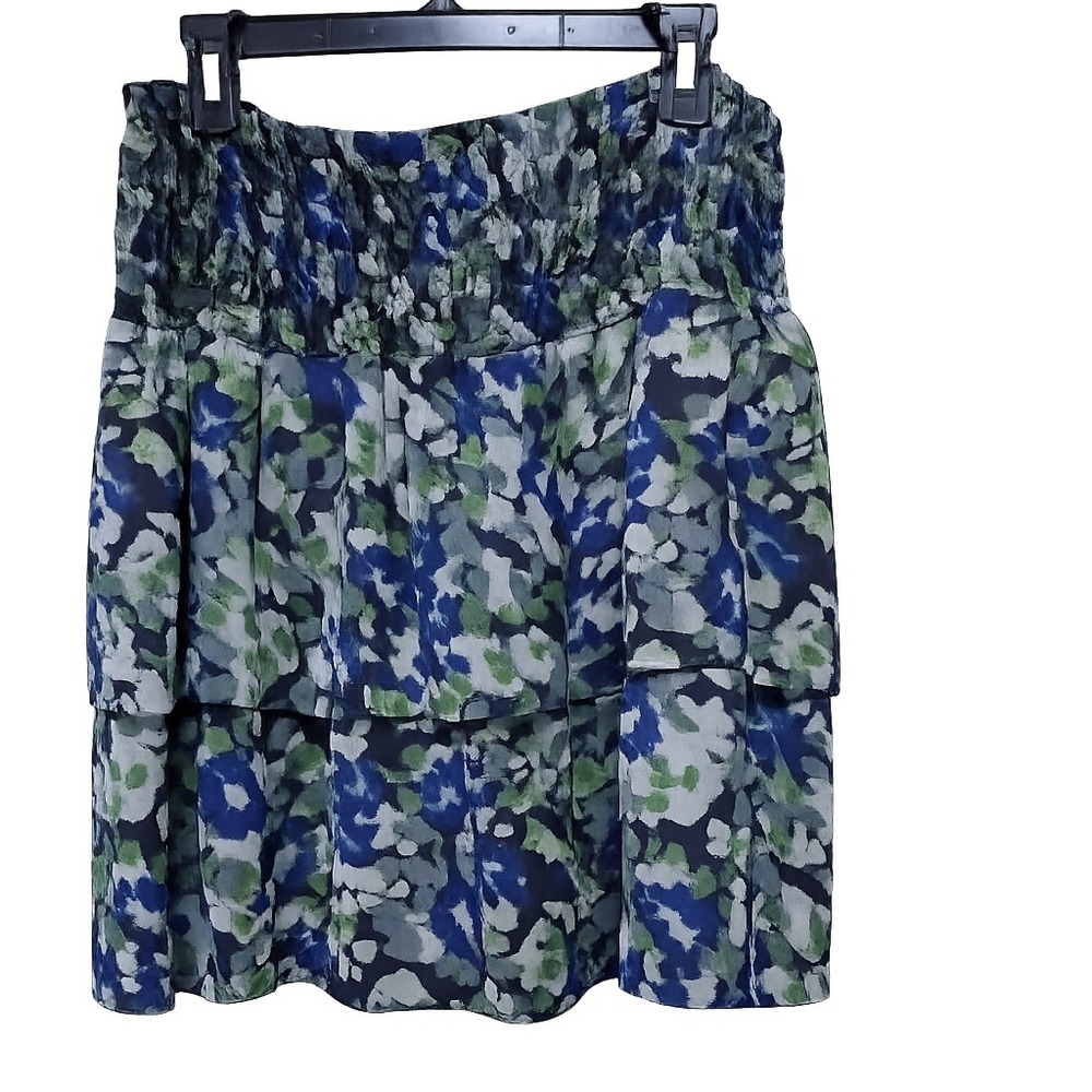 DKNY Jeans Women XL Blue Green Floral Tiered Smocked Waist Mini Skirt